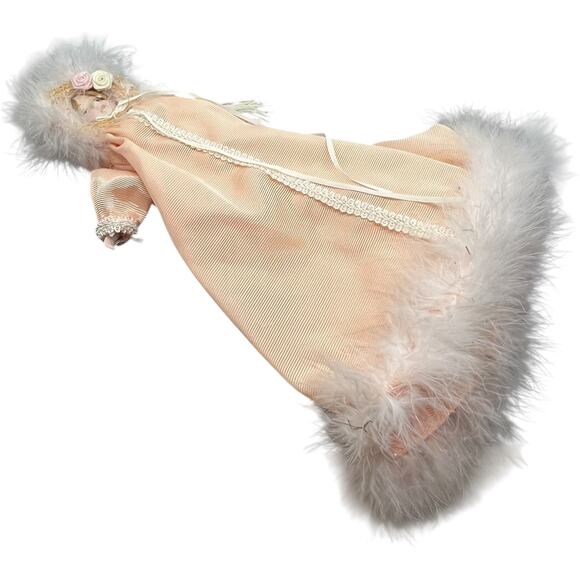 Porcelain Doll in Blush Striped Gown with Fur Trim - Picture 11 of 12